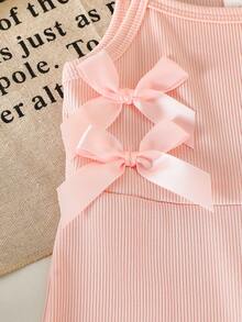 SHEIN 女婴甜美针织罗纹吊带连体衣，带蝴蝶结，适合度假和休闲外出，夏季 - 粉色 - 查看 7