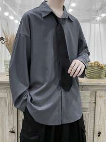 Claim Dot Men's Spring Autumn Casual Solid Color Drop Shoulder Loose Shirt Without Tie, Designer Oversized Shirt, Dark Grey Shirt, Fall, Long Sleeve Top - Dark Grey - View 4