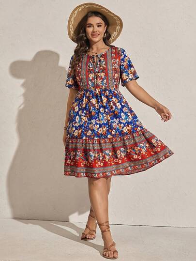 Comfylo 大码春季印花系领休闲度假短袖连衣裙