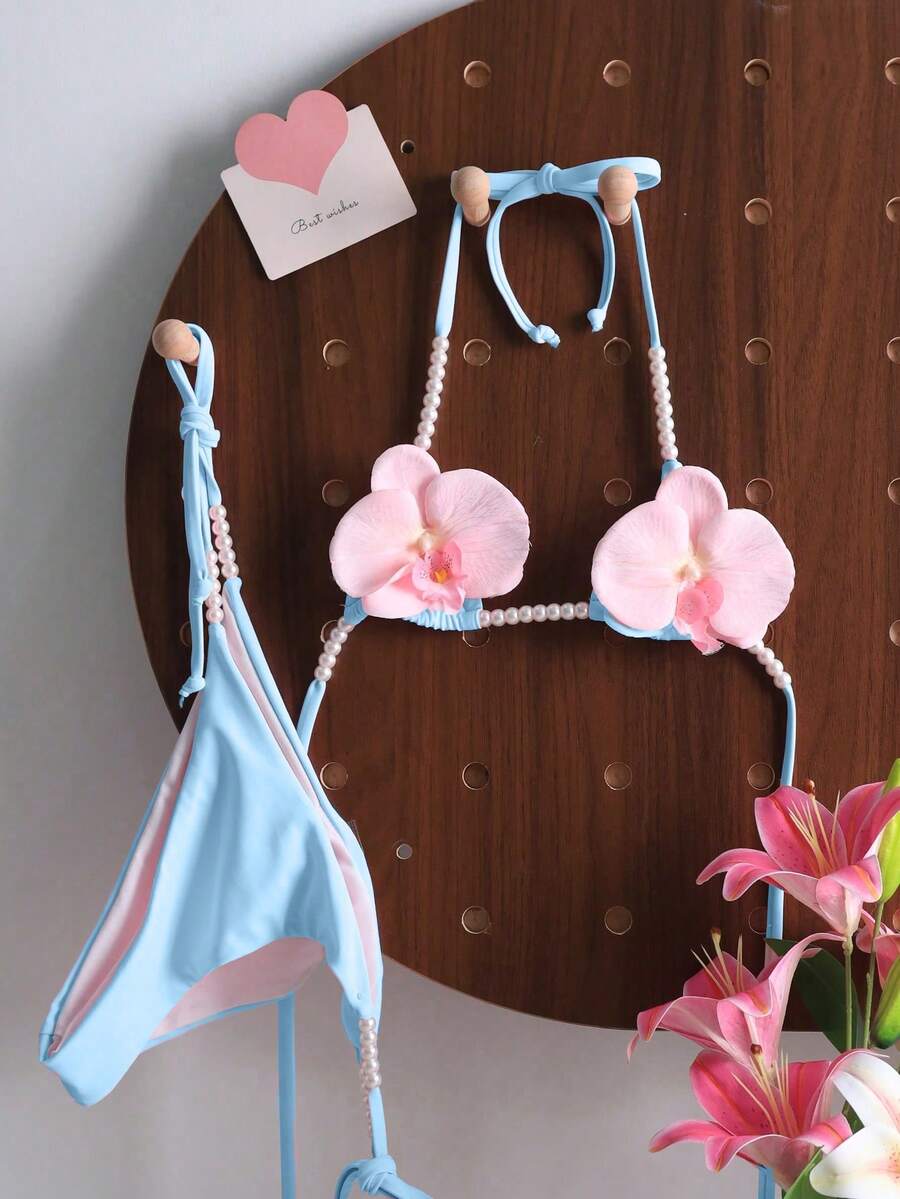 Swim Mod Women's Solid Color Beaded Halter Tie Back Sexy Bikini Set With Pearl Decor, Suitable For Beach Vacation - Baby Blue - View 1