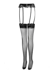 2 paquetes de juego de medias de encaje con contraste con liguero sin forro - Negro - Ver 5