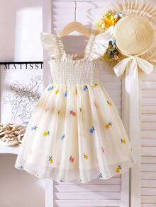 Girls' Pink Summer Fairy Princess Dress,Floral Embroidery Mesh Pearl Decor Smocked Ruffle Strap Sundress For Kids First Birthday Holiday Party - Apricot - View 2