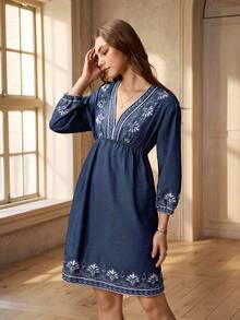 Selenza Women's Floral Embroidery Deep V-Neck Long Sleeve Sexy Denim Dress - Blue - View 6