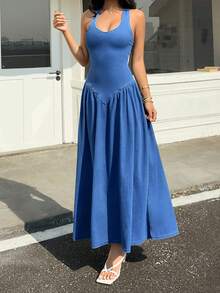 Rivivi 女士时尚休闲露背吊带长款牛仔连衣裙 - 藍色 - 查看 5