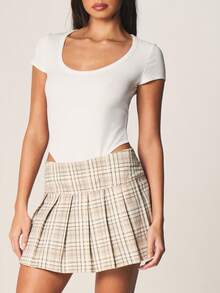 MISSGUIDED Women High Rise Pleated Plaid Mini Denim Skirt With Check Pattern And Decorative Side Pockets For School Preppy Style - Khaki - View 6