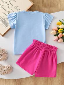 SHEIN Bộ 2 món gồm áo thun in hình cầu vồng và trái tim cùng quần dài thoải mái dành cho bé gái. - Màu xanh lam - Xem 2