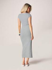MISSGUIDED Striped Cap Sleeve Crew Neck Maxi Dress Button Front Ribbed Knit Casual Long Dress Summer Beach Resort Vacation Outfit - Multicolor - View 3