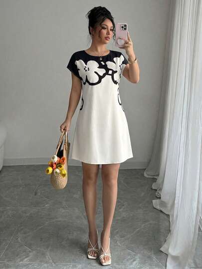 SHEIN Elenzya Standard Size Women's Elegant Casual Formal Commute Family Gathering Short Sleeve Dress