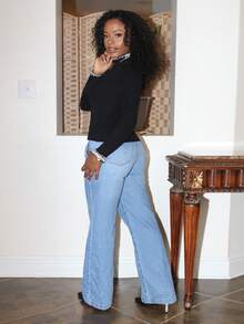 Steph T 女士网眼拼接仿珍珠立领修身长袖套头毛衣 - 黑色 - 查看 5