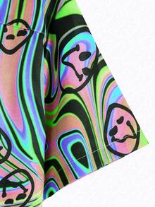 ROMWE MEN Street Life Camisa de manga corta con estampado de color contrastante para hombres (corte irregular) - Verde - Ver 3