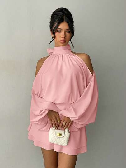 Aloruh Women's New Apricot Solid Color Mini Dress, Long Sleeve, Lantern Sleeve Design, A-Line Dress, Party Dress, Date Dress, Afternoon Tea Dress, Autumn/Winter