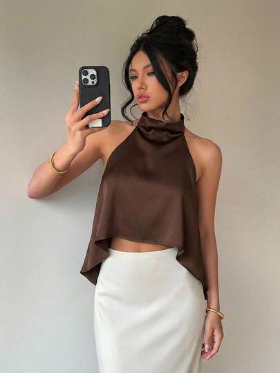 Aloruh Women's Brown Halter Neck Satin Blouse, Suitable For Commuting
