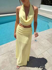 Aloruh 女士纯色露背吊带宽松连衣裙两件套，夏季时尚 - 淡黃色 - 查看 5