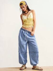 Bohemela 女士休闲日常通勤时尚街头风抽绳腰带毛边宽松锥形裤腿牛仔裤 - 淺色水洗藍 - 查看 6