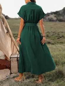 EMERY ROSE Women's V-Neck Button Detail Slit Dress Maxi Women Outfit - Dark Green - View 2