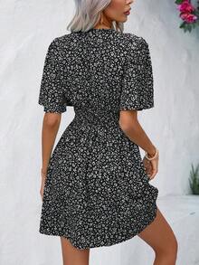 Wandoria Women's Casual V-Neck Ruffle Sleeve Ditsy Floral Dress, Summer - Black and White - View 2