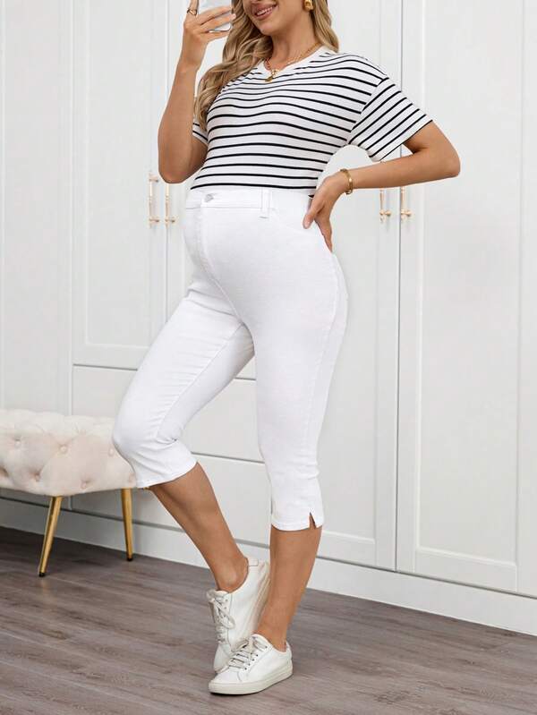 SHEIN Maternity Casual Everyday Commute Simple Solid Color 7/8 Length Skinny Jeans Summer Carnival Costume Commuting Vacation Graduation Chic Y2k Cute Streetwear Coquette Party Wedding Elegant Business Casual Woman Womens Classic White Cutout Hem Mid-Rise Cropped Jeans For Summer Casual Wear Versatile White Mid-Rise Women's Cropped Jeans With Slit Hem Detail For Casual Outfits