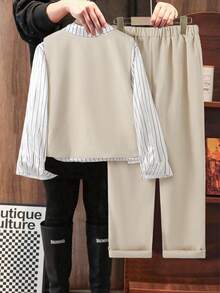 SHEIN 男童休闲两件套：不对称背心+长裤，不含衬衫，不含配饰，适合生日派对、晚宴、婚礼、洗礼、一周岁生日等场合。 - 卡其色 - 查看 2