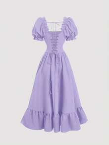 SHEIN MOD 紫色泡泡袖系带开衩荷叶边下摆中长连衣裙 - 紫色 - 查看 2