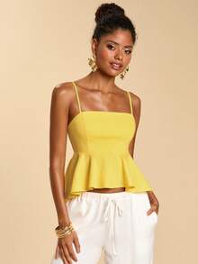 Travachic Women's Elegant Yellow Summer Peplum Hem Cami Top,Minimalist Solid Linen Cami For Tea Party,Vacation Beach Outfits,Boho Holiday,Music Festival Date - Light Yellow - View 6