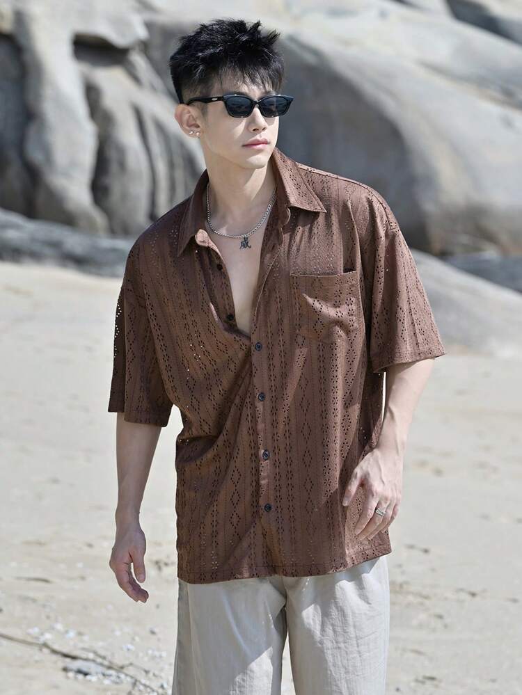 Men's Solid Color Hollow Lapel Single-Breasted Casual Versatile Summer Travel Short Sleeve Shirt