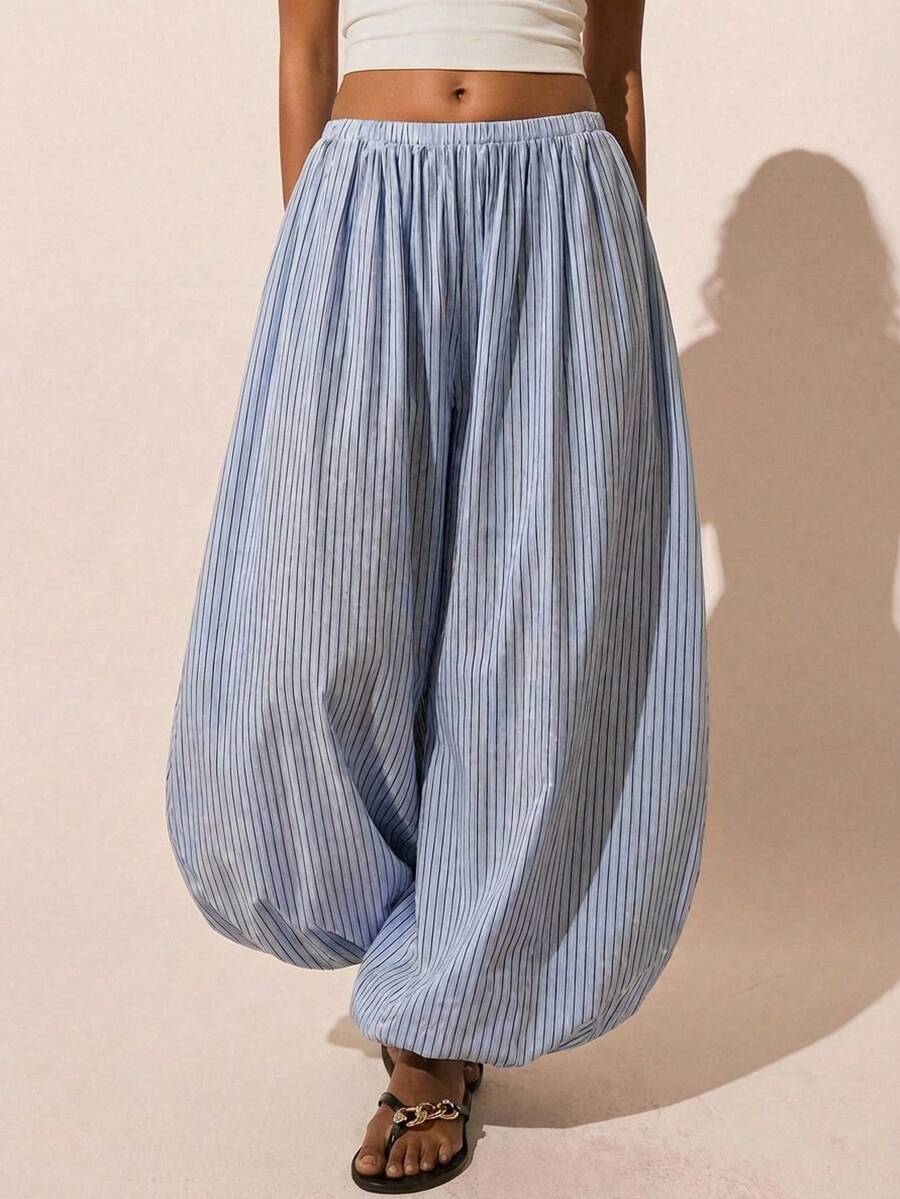 Poéselle 女士弹力腰带条纹抽绳宽松休闲裤 - 藍色 - 查看 1