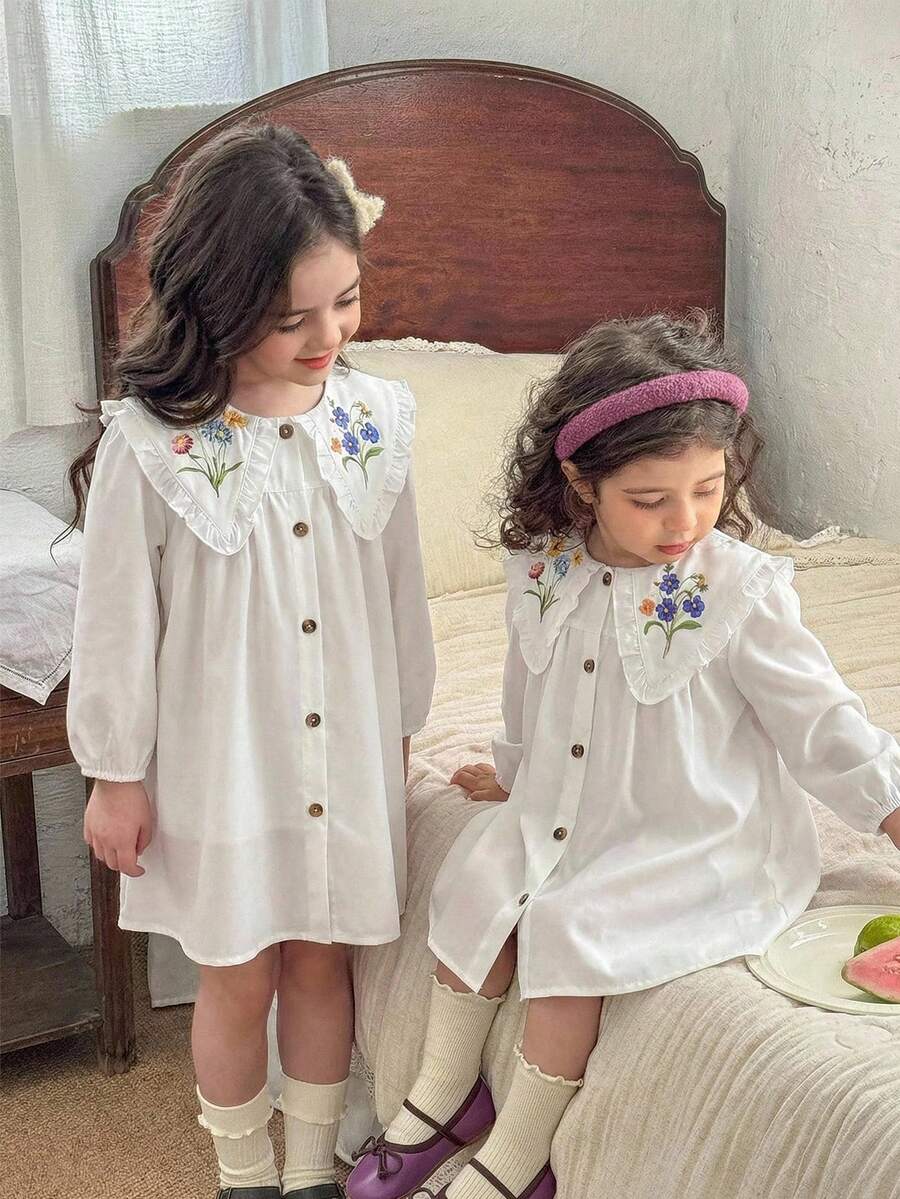 SHEIN LMoss Kids 女童纯色拼接碎花娃娃领休闲连衣裙，可爱碎花荷叶边长袖连衣裙