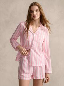 SHEIN 2pcs Striped Print Lapel Collar Women Pajama Set, Long Sleeve Top And Shorts - Pink - View 3