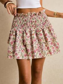 Poéselle Women's Summer Vacation Floral Print Paper Bag Waist Layered Ruffle Hem Skirt - Multicolor - View 2