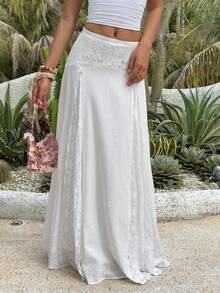 Livesso 春夏镂空蕾丝拼接优雅收腰A字裙，休闲沙滩度假雪纺女裙 - 白色 - 查看 6