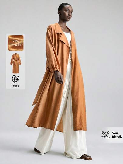 Ontre 2026SS Women's Casual Everyday Commute Simple Solid Color Lapel Collar Drop Shoulder Loose Lantern Sleeve Belted Long Lightweight Jacket, ALL SEASON Bohemian Style Vacation Wear Modern Urban Casual Fashion Business Casual Women's Office Wear Low-Key Old Money Style Effortless Temperament High-End Urban Commuting High-Quality Airport Women's Wear High-End Material All Season  Ins Celebrity Same Style Vacation Style, Exotic Atmosphere, Country Concert, Western Style Clothing, High-Grade Fabric