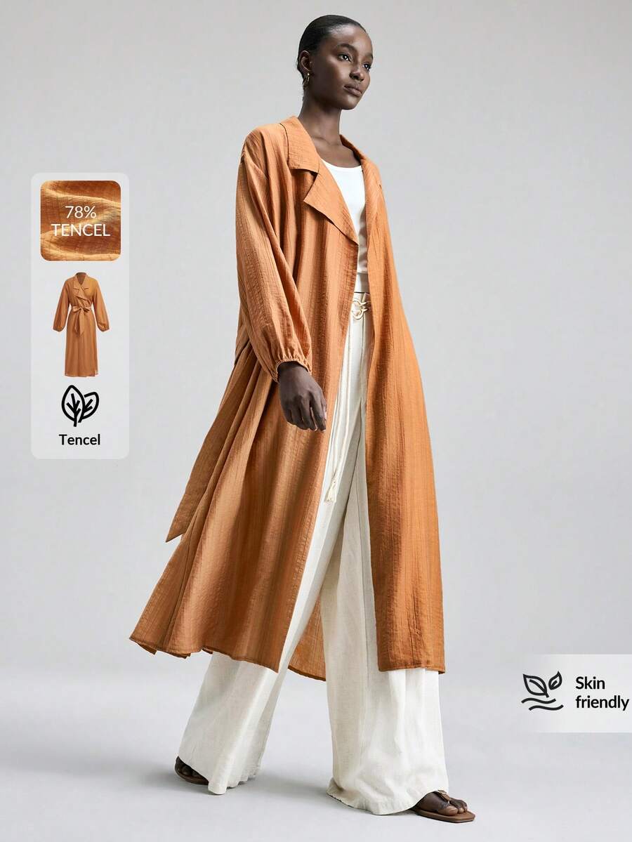 Ontre 女士休闲日常通勤简约纯色翻领落肩宽松灯笼袖系带长款轻薄外套，春秋季 - 亮橙色 - 查看 1