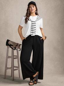 Zelara Plus Size Women's Black And White Striped Short Sleeve Knot 2 In 1 T-Shirt And Wide Leg Pants Set,Summer Smart Casual Vacation Commute Pant Suit - Black and White - View 5