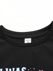 SHEIN 少女休闲日常黑色针织数字67印花圆领宽松落肩褶皱简约套头卫衣和短裤两件套 - 黑色 - 查看 7