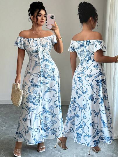 SHEIN Elenzya Large-Sized Woven Printed Vacation One-Neck Elegant Summer Dress