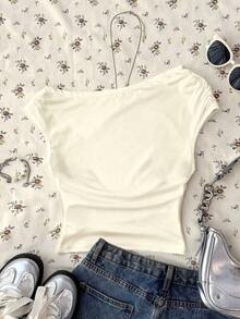 薄荷绿休闲度假风优雅热带芙蓉花和鸡蛋花印花不对称褶皱露脐上衣，休闲时尚，适合少女穿着，春夏日常、度假、居家、旅行、海滩度假、清凉夏日、度假氛围、轻松惬意，椰子女孩 - 彩色 - 查看 2