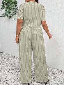 SHEIN Frenchy Plus Size Spring/Summer Casual Minimalist Versatile Striped 2 Pieces Suit Set, Women Blazer + Pants In Fall/Winter - Green - View 2