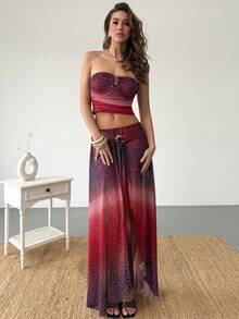 Aloruh Dark Purple Summer Boho Beach Holiday Women's 2 Pieces Skirt Set,Ombre Animal Print Strapless Metal Decor Ruched Top & Low Waist High Slit A-Line Skirt - Multicolor - View 4