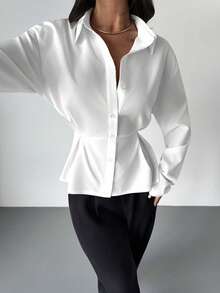 Firerie Women's Chic White Elegant Office Long Sleeve Blouse,Minimalist Autumn Commute A-Line Peplum Hem Shirt,Plain Pleat Button Fitted Collared Blouse,Fall - White - View 11