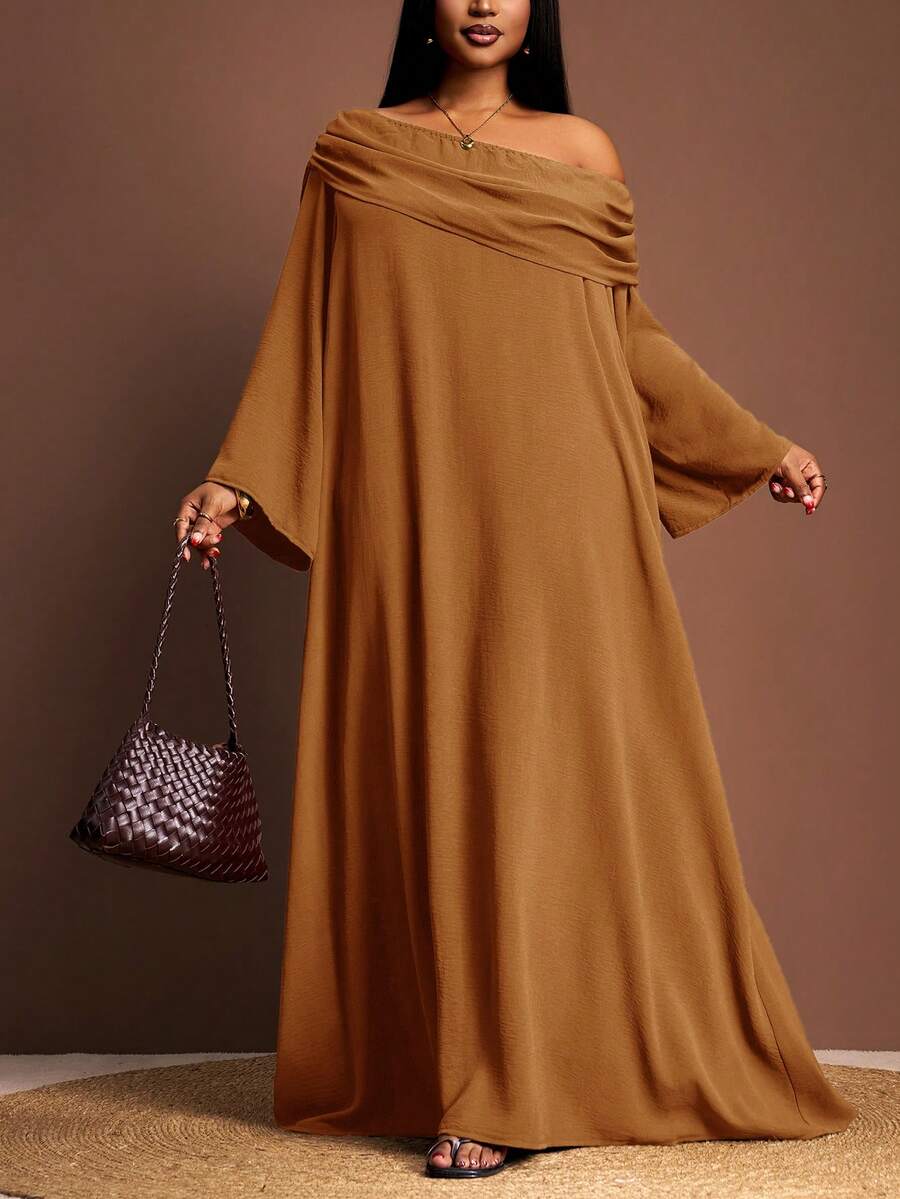 Veslaya 2025秋冬新款优雅咖啡棕色宽松肩领长袖A字连衣裙，适合派对、约会、毕业典礼、婚礼、生日、情人节、聚会、鸡尾酒会等场合。 - 摩卡棕 - 查看 1