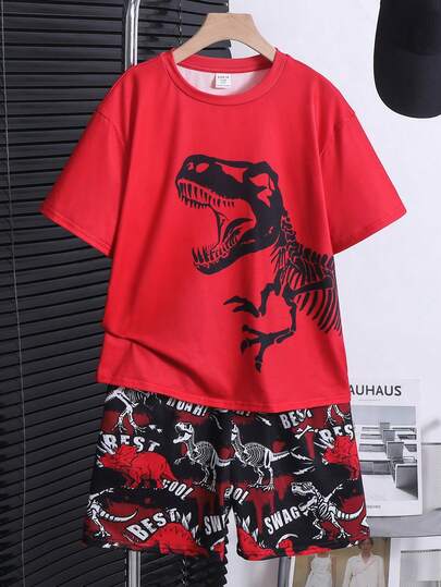 SHEIN 2pcs Tween Boys Casual Minimalist Round Neck Short Sleeve Shirt & Shorts Set Dinosaur Pattern, Suitable For Spring/Summer , Daily Wear, Sports, Outings, School, Parties, Festivals, Photoshoots