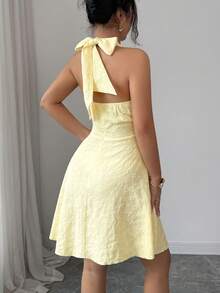 Elenzga 新款露背系带蝴蝶结提花面料年轻优雅可爱女士短裙 - 黃色 - 查看 2