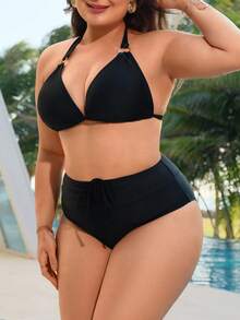 Swim Lushoire Nouveau ensemble de bikini noir ajouré grande taille pour femmes, avec bretelles réglables et bas taille haute, maillot de bain 2 pièces - Noir - Voir 3