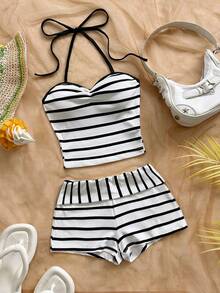 Soleia Women's Striped Halter Tie Top And Shorts Casual 2 Pieces Set - Black and White - View 4