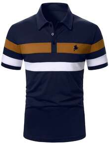 Manfinity Homme Men's Fashion Street Style British Casual Striped Knight Print Short Sleeve Polo Shirt Men Polo Shirts Golf Shirt For Men Fashion Designer Tshirts For Men,Men Old Money,Daily Leisure, Weekend Trips, Outdoor Activities, Travel Expeditions, Relaxed Work Environments Or Semi-Formal Occasions, Boyfriend/Husband Gift, Anniversary /Birthday Gift Party Summer Vacation Holiday,Wedding,Spring To Summer,Mardi Gras,Men's Striped Short Sleeve Polo Shirt Casual Navy Blue And Gold Design Breathable Fabric Top - Navy Blue - View 5