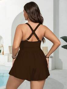 Swim Lushoire Plus Size Casual Loose Square Neck One Piece Swimsuit - Brown - View 4