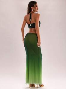 SHEIN BAE Women's Ombre Pleated Halter Crop Top And Fishtail Midi Skirt Sexy Fashion Set - Green - View 2