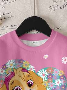 SHEIN | PAW Patrol 年轻女孩日常通勤卡通狗雏菊字母爱心印花落肩宽松圆领卫衣 - 白色 - 查看 4