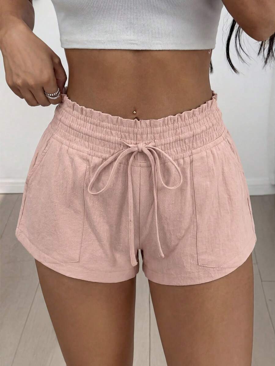 SHEIN EZwear 女士休闲抽绳腰侧口袋粉色短裤,适合日常通勤和夏季穿着 - 粉色 - 查看 1