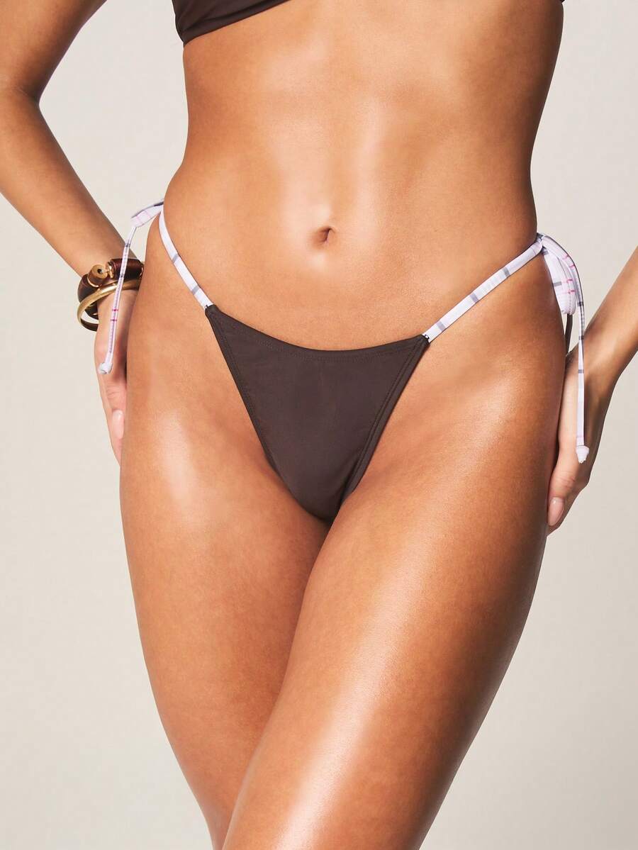 MISSGUIDED Contrast Strap Bikini Bottom With Side Tie Strings And High Cut Thong Style For Beach Swimming - Coffee Brown - View 1